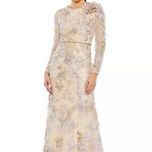 Mac Duggal Beige Lace Floral Appliqué Embellished Cocktail Dress